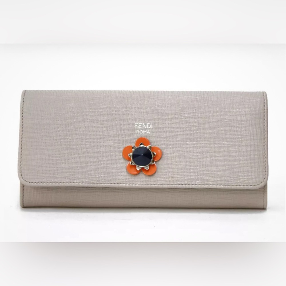 FENDI Vitello Elite Flowerland Continental Wallet Grigio Polvere